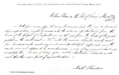 Faksimile eines Briefes an Sir Joseph Banks von Captain Matthew Flinders, datiert März 1806, aus The History of Australian Exploration from 1788-1888, 1888